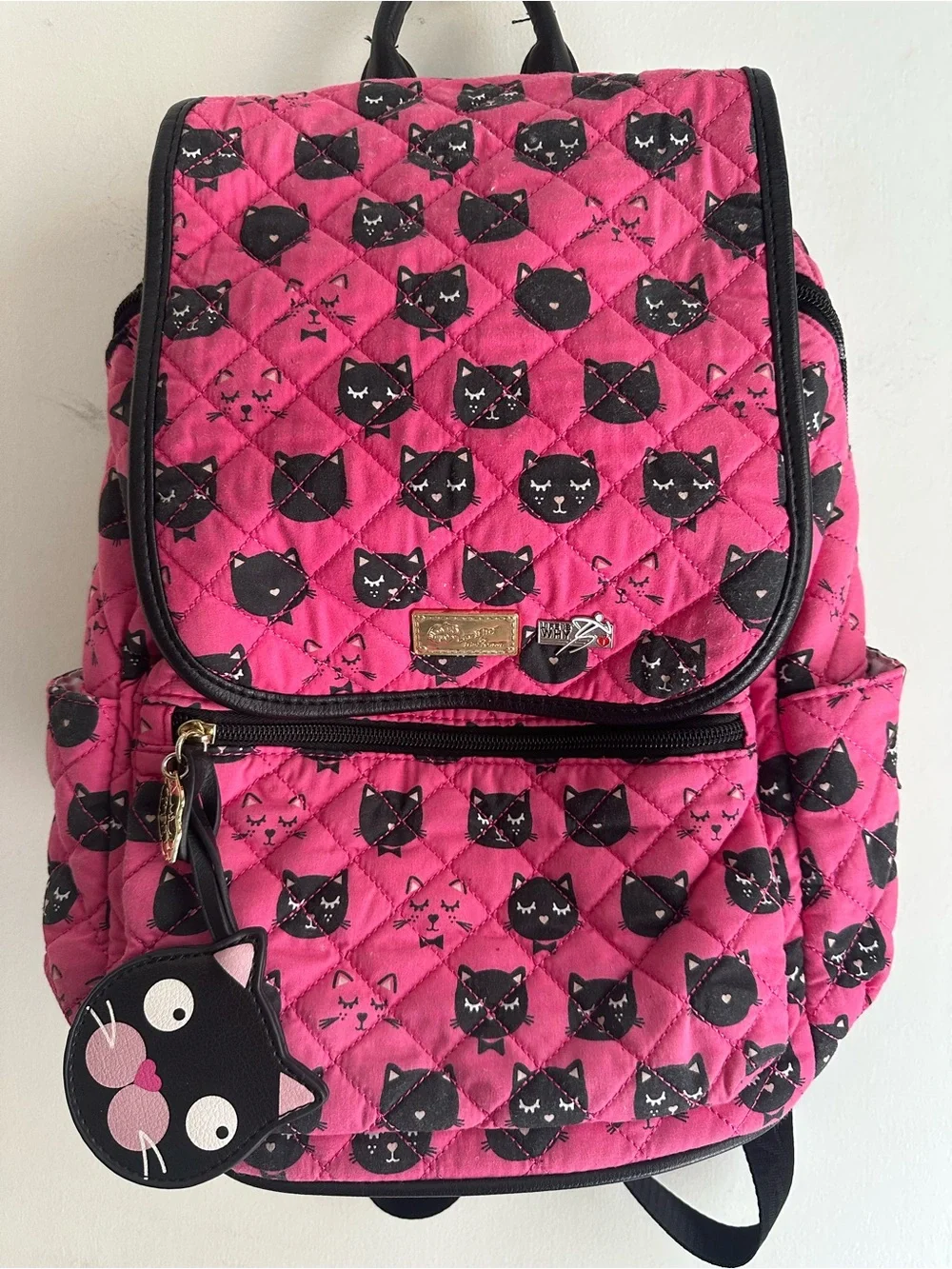 Luv Betsey Johnson Pink Black Cat Quilted Backpack Kitty Charm School Bag